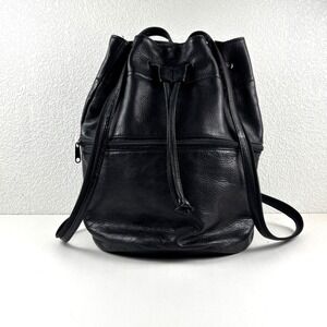Pelle Leather Bucket Backpack Women Black Drawstring Pebbled Bag Boho Festival